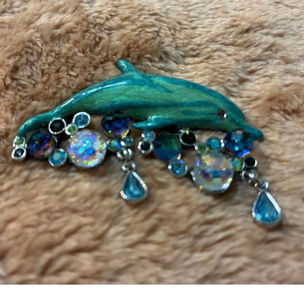 Kirks‎ Folly Dolphin Brooch Pin Teal Enamel AB Crystal Dangle Silver Tone 3 Inch